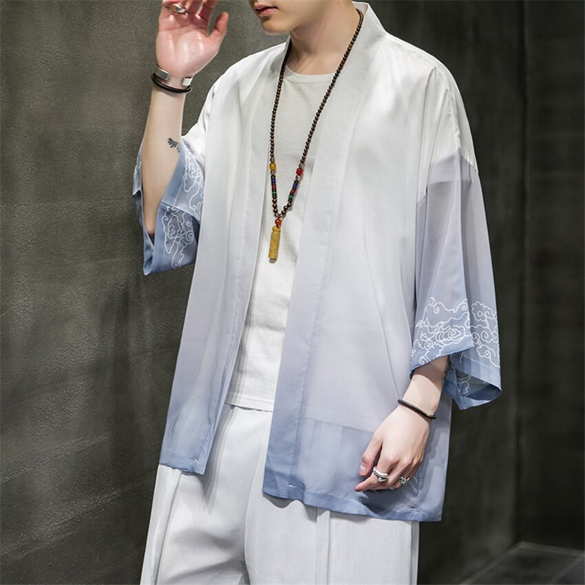 2022 Hanfu Men Ice Silk Cardigan Shirt Men Chinese Style Open Stitch Outwear Man Robe Trench Sun Protection Tops