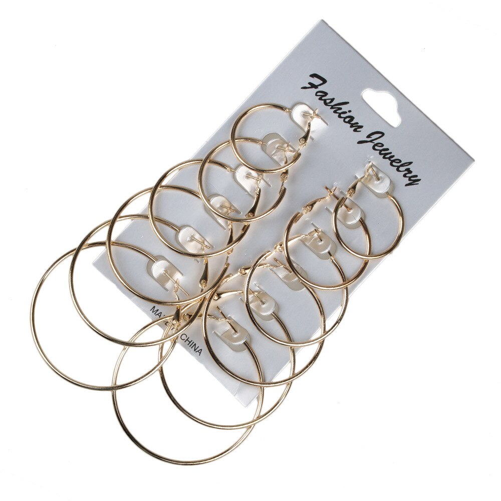 12 Paren/set Oversized Grote Cirkel Hoepel Oorbellen Set Voor Vrouwen Simple Punk Brinco Ronde Oorbellen Partij Sieraden: 6Pairs Gold