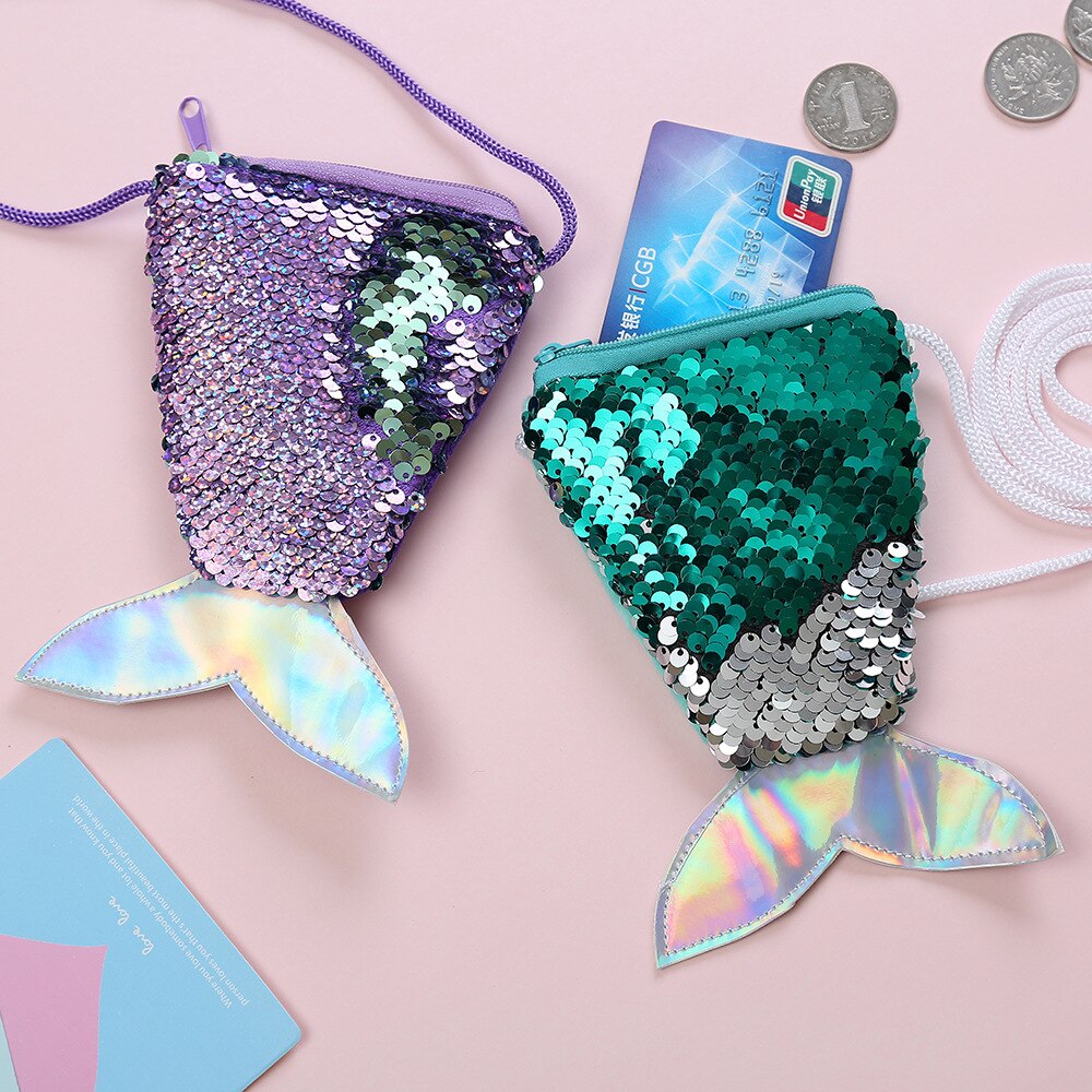 Söt unge flicka färgglad förändring paljett sjöjungfru bling bling svansväska plånbok handväska påse anteckningsfodral