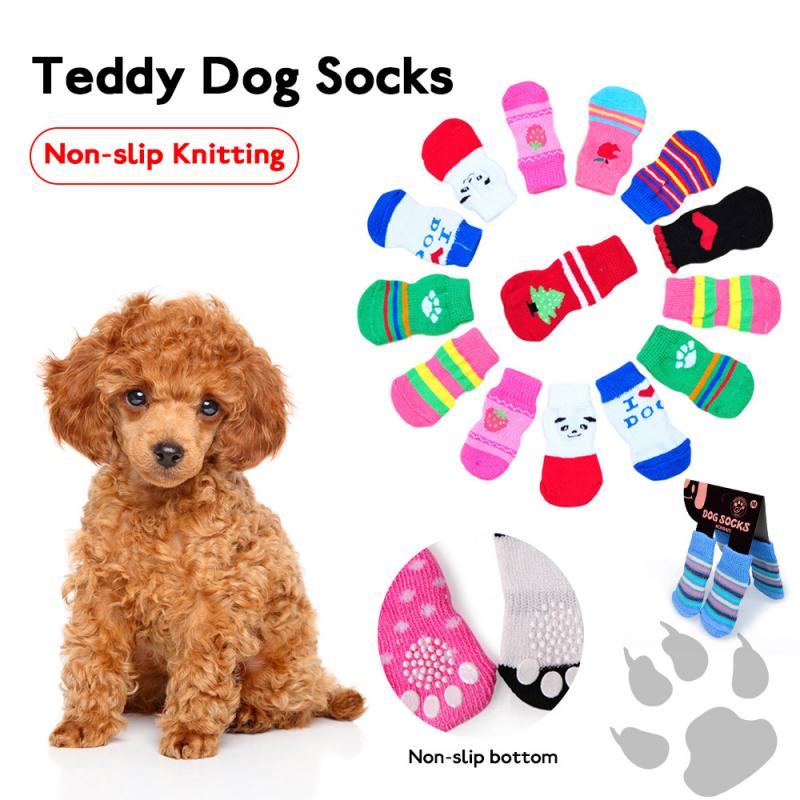 4 pçs/1 conjunto meias pet malha antiderrapante dos desenhos animados bonito mini pequeno filhote de cachorro cachorro gato interior macio inverno pata quente cuidados com animais de estimação acessórios