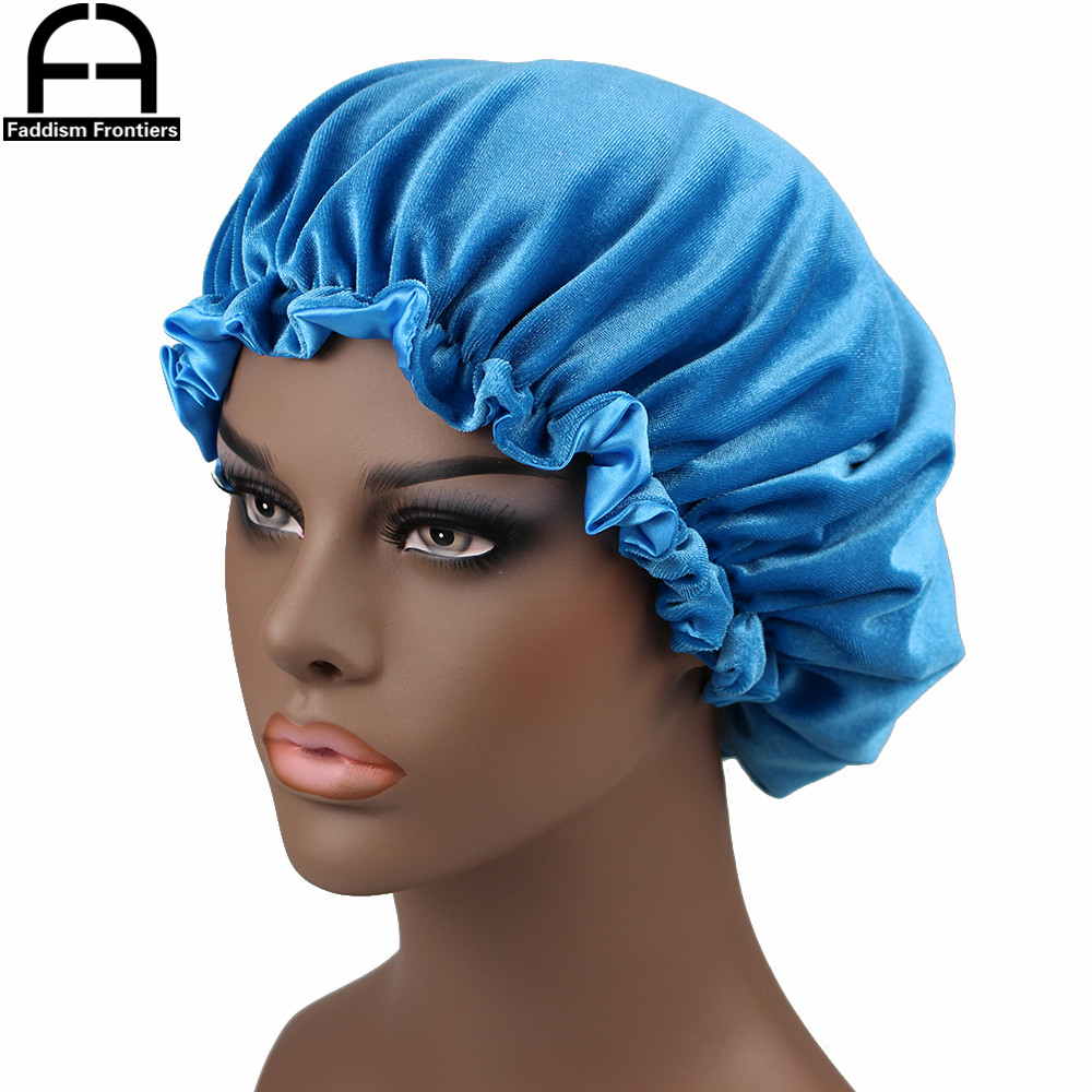 Reversible Velvet Bonnet Satin Lined Elastic Band Bonnets Sleeping Cap Women Lady Turban: SKY BLUE