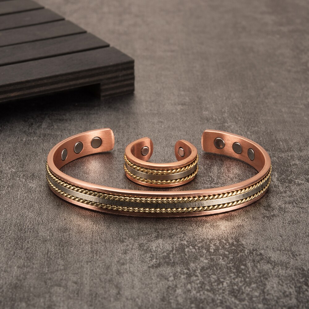 Sieraden-Set Magnetische Koperen Armband Ring Healing Energie Sieraden Sets Voor Vrouwen Rose Goud Verstelbare Manchet Ring Armbanden Armbanden