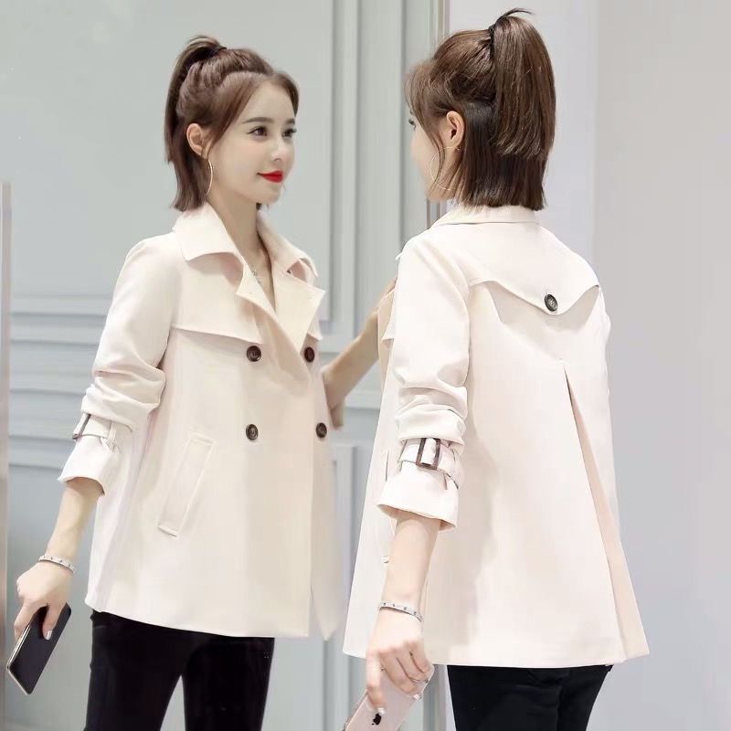 Kvinder khaki windbreaker kort frakke efterår koreansk afslappet dobbeltradet studenter trenchcoat løse toppe  y526: Cremet-hvid / L