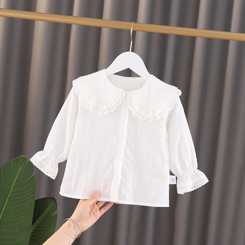 Meninas do bebê blusa camisas brancas algodão rendas camisa outono manga longa turn-down collar criança crianças topos da criança