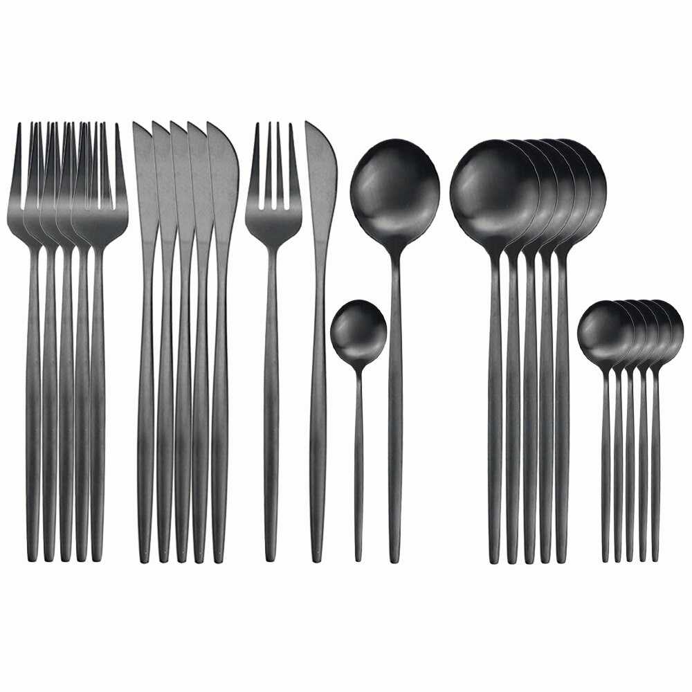 Couverts bleu en acier inoxydable 410, 24 pièces, service de table, coutellerie, cuillère, fourchette, couteau, argenterie, coutellerie: Black