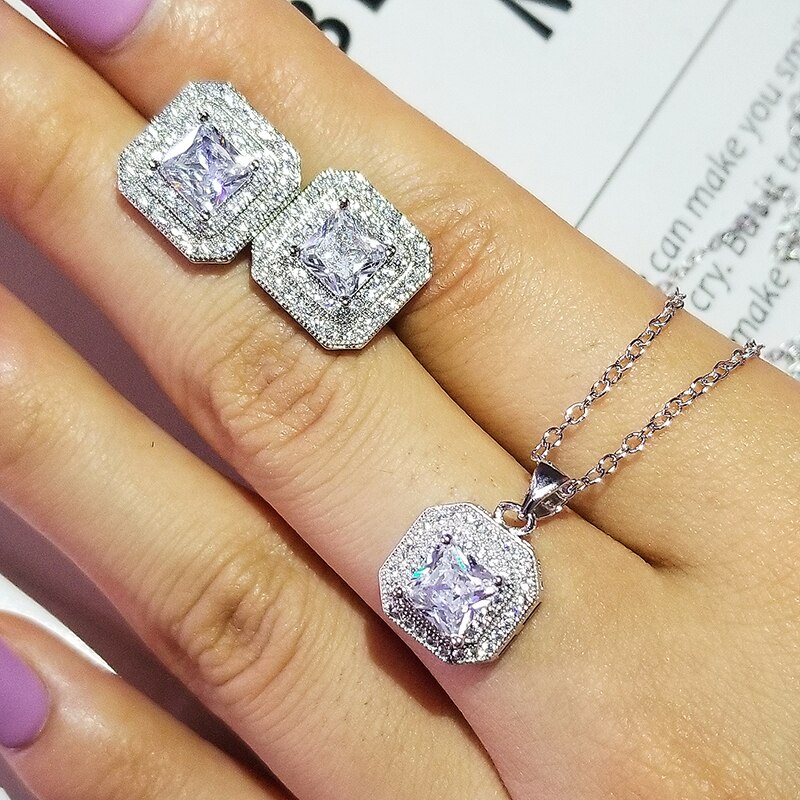 2022 rosa Silber Farbe Indien Dubai Schmuck-Set Prinzessin Cut Zirkon Ohrringe und Halskette Anhänger Hochzeit J1400