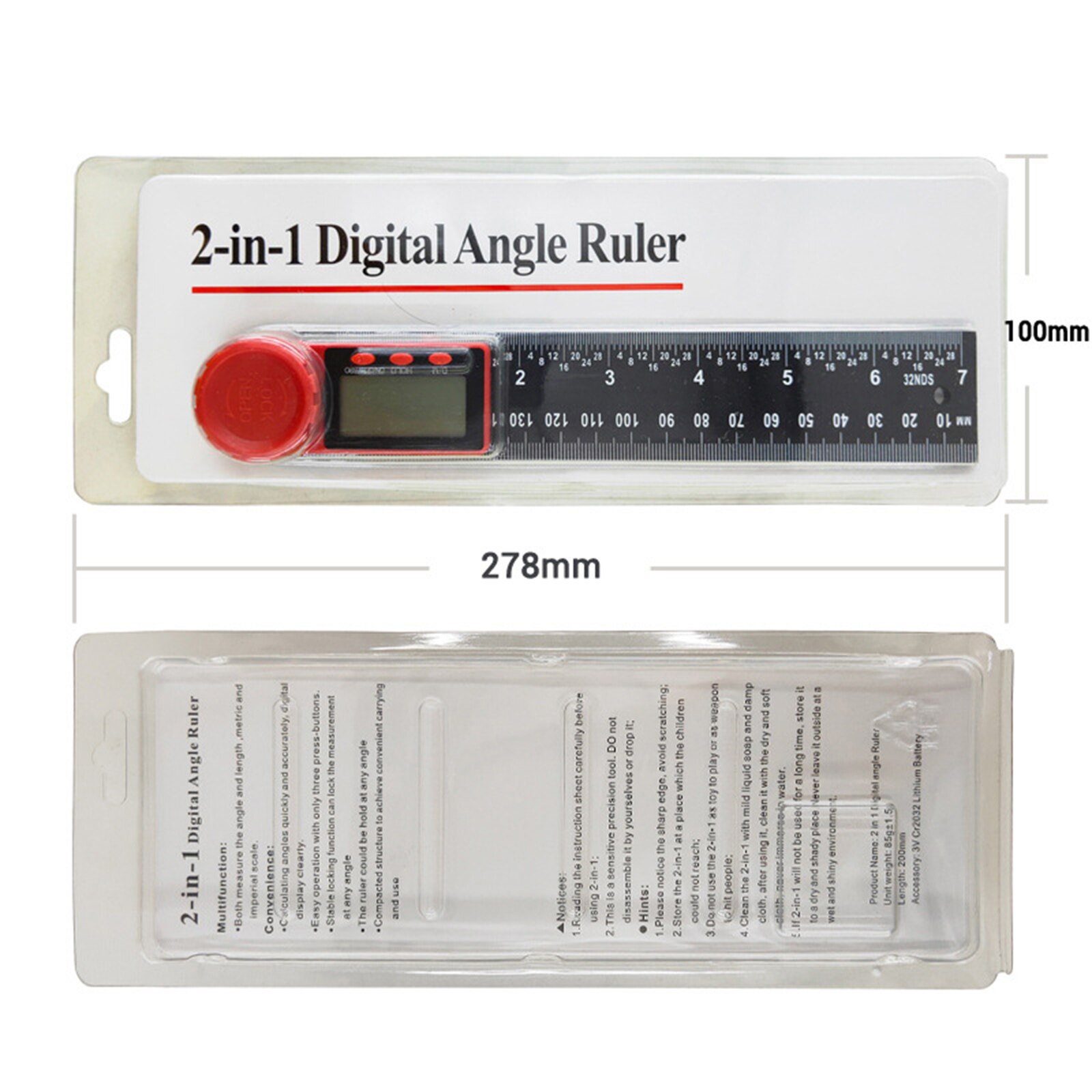 Digital Angle Finder Protractor 2-in-1 Plastic Digital Protractor for Woodworking Angle Measure Tool --M25