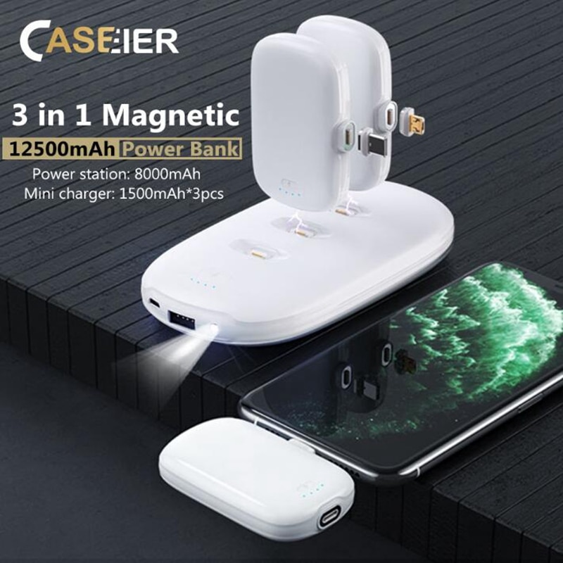 CASEIER 3 en 1 Banco de energía magnético 12500mAh para Xiaomi iPhone Samsung Mini banco de energía de carga múltiple para Huawei Honor Poverbank