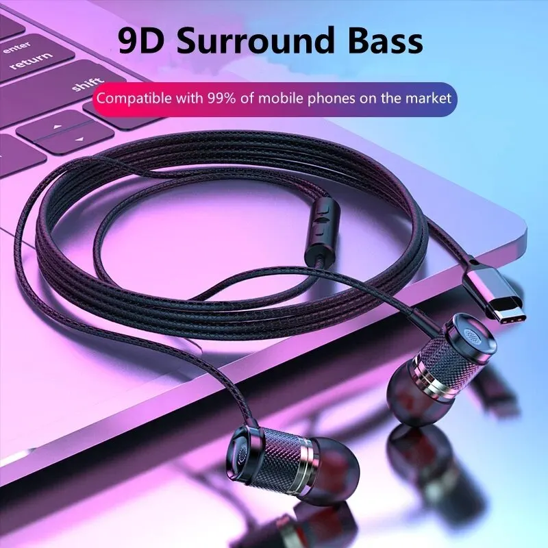 9D HIFI ciężki bas słuchawki douszne 3.5MM AUX/type-c słuchawki cyfrowe Stereo przewodowy zestaw słuchawkowy z mikrofonem słuchawki douszne dla Samsung Android