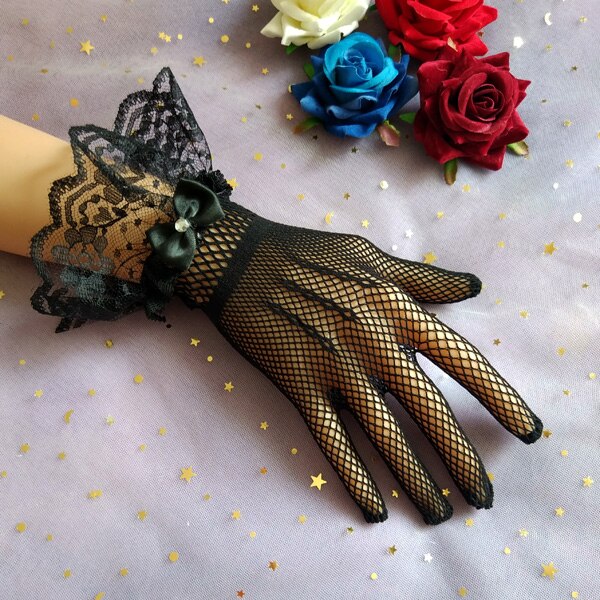 Gants en dentelle Lolita, grand nœud de mariée blanc, manchettes gothiques, accessoires Lolita foncés: Black