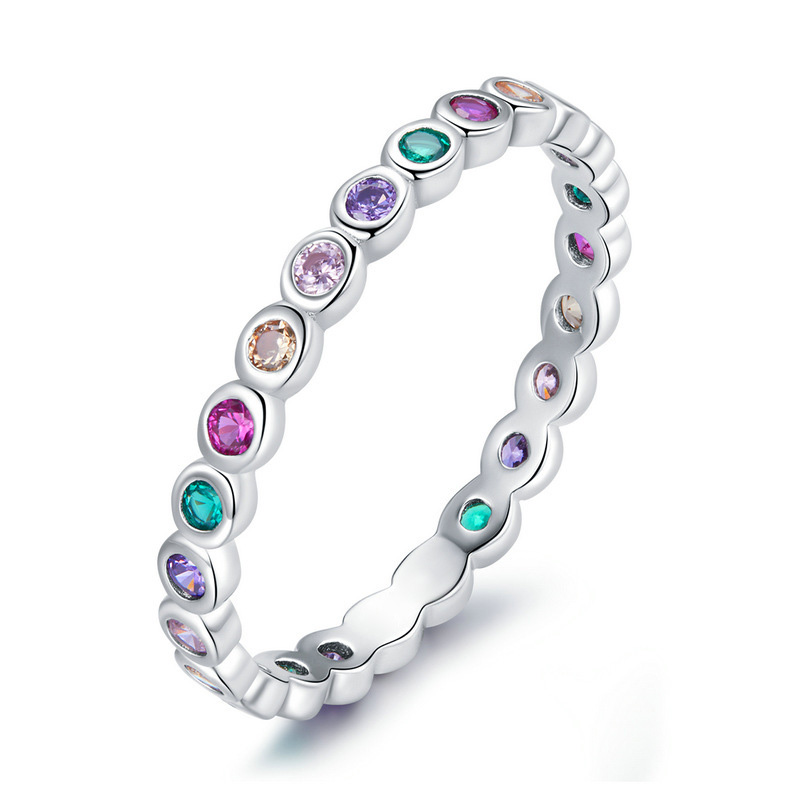 Bagues simples et fines pour femmes, rondes colorées en Zircon, couleur argent, anneau Pinky empilable, bijoux féminins, , KCR039: 7 / WHITE