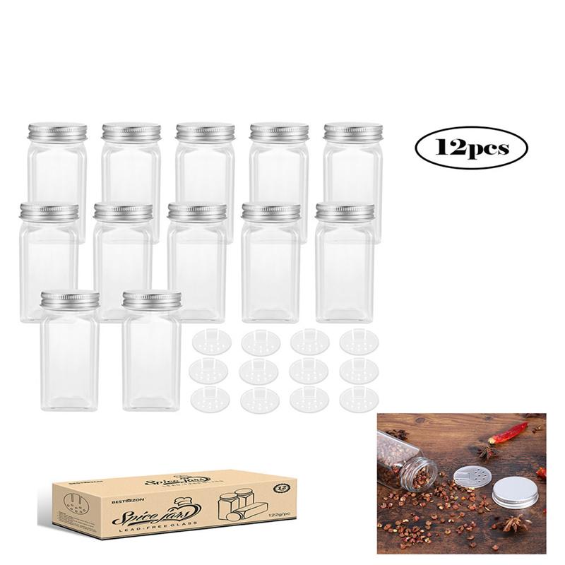 Tarros cuadrados de vidrio para especias, botellas de condimentos para cocina y acampada al aire libre, envases para condimentos con tapa, 120ML, 12 Uds.