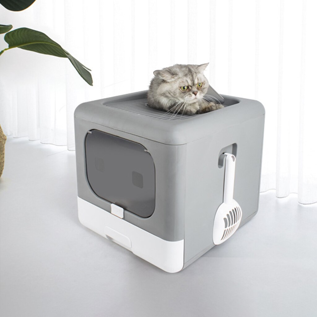 Portable Cat Litter Box with Lid Foldable Cats Litter Tray with Top Entry Pet Toilet with Scoop Large Inside Room for Kitten: Gray