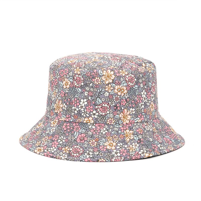 2022 Floral Print Cotton Bucket Hat Women Double Side Reversible Cap Female Panama Fisherman Hats Spring Summer: Gray