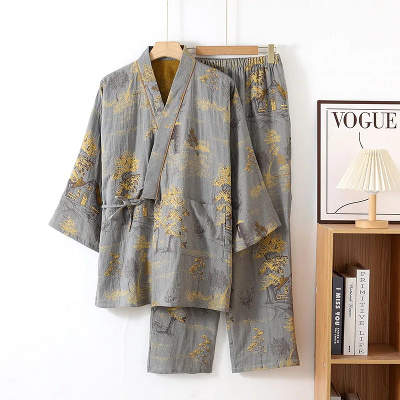 Ropa de baño para hombre, pijamas tipo kimono de algodón, batas para primavera, ropa de casa con estampado Jacquard, albornoz transpirable de gran tamaño de longitud media: M / Verde militar