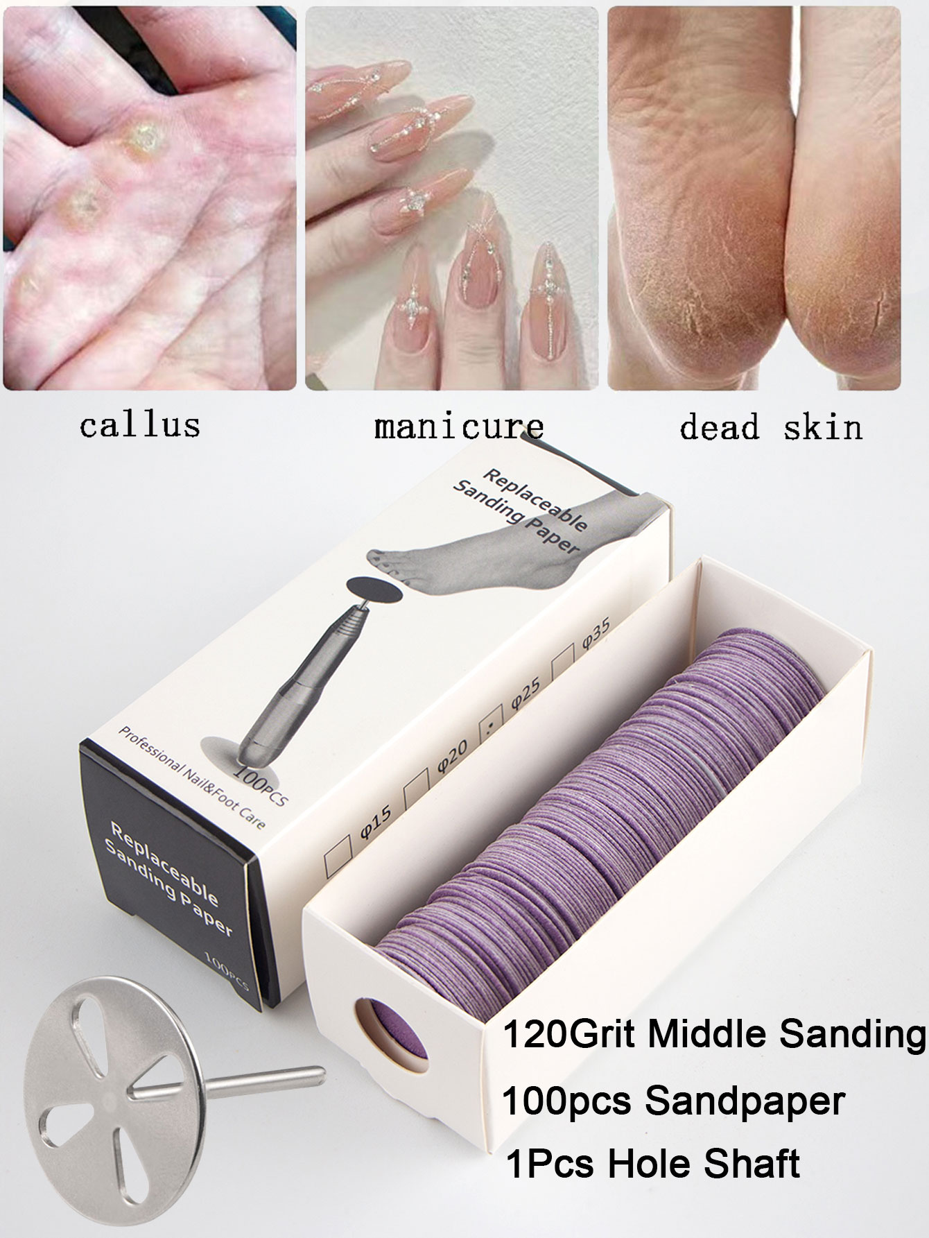 Papel de lija con boquilla de Metal para limas de pies, herramienta para quitar callos de piel muerta, herramienta de pedicura para cutículas, juego de papel de lija, 100 Uds.: Plata