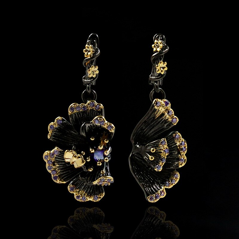 Exquisite Temperament Black Gold Red Hollow Floral Zircon Earrings High-end Light Luxury 925 Silver Jewelry Bridal Earrings: KYED0452