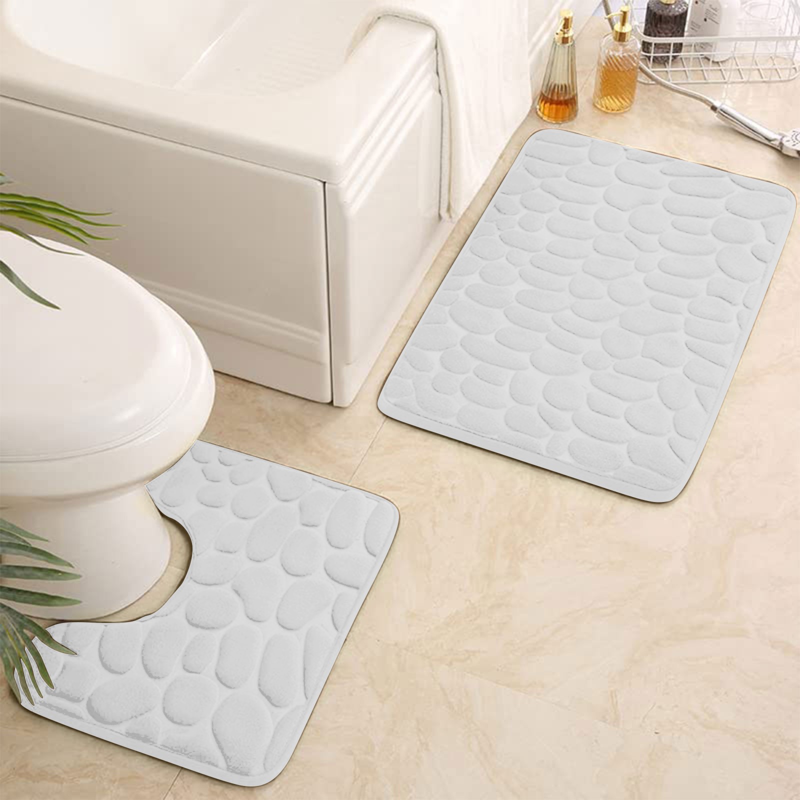 Non-Slip 50 X 80 Cm Bath Mat And 50 X 40 Cm Toilet Mat,2-Piece Bathroom Rug Set, Soft Bath Mat Washable Bath Rugs For Bathroom: WHITE