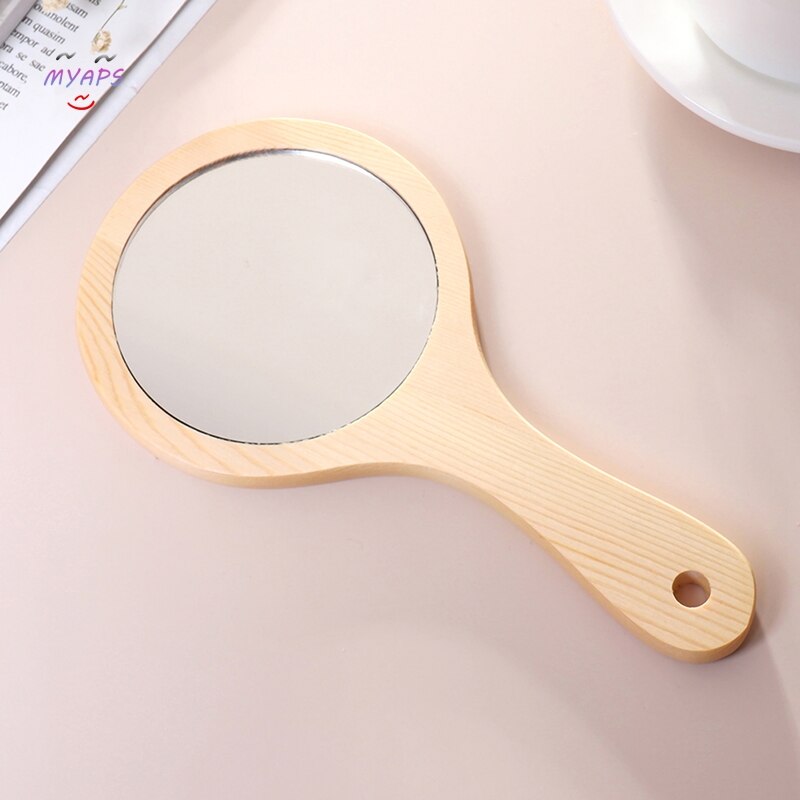 Espejo redondo de madera para maquillaje, espejo de mano Vintage, redondo, HD, portátil, con mango