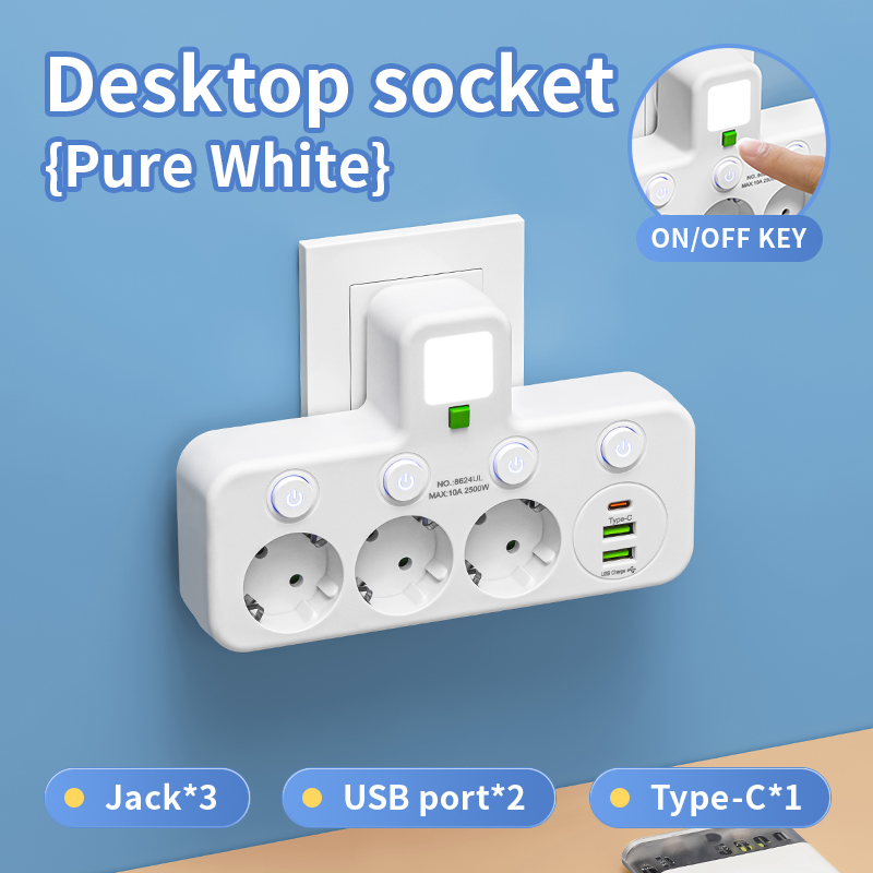 Regleta de enchufe estándar europeo montada en la pared con enchufe europeo con carga USB C, adaptador de filtro de red de interruptor independiente de 5 CA: Azul