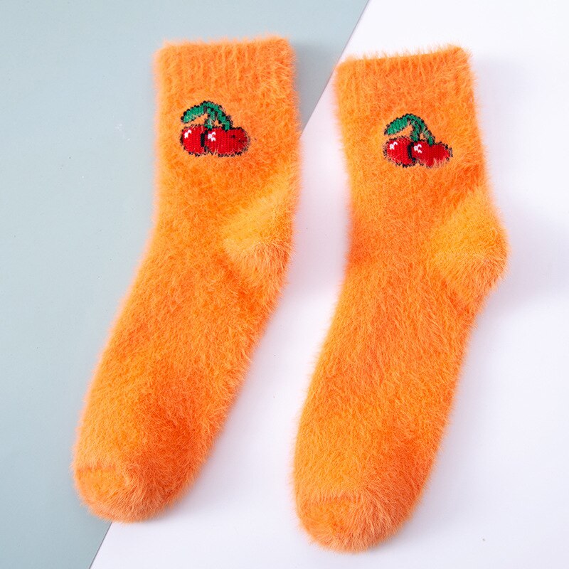 Frukt avokado godis varm dam söt vinter kawaii tjock casual dam strumpor luddiga fluffiga frotté varma strumpor korta söta bomullsstrumpor: Apelsin körsbär