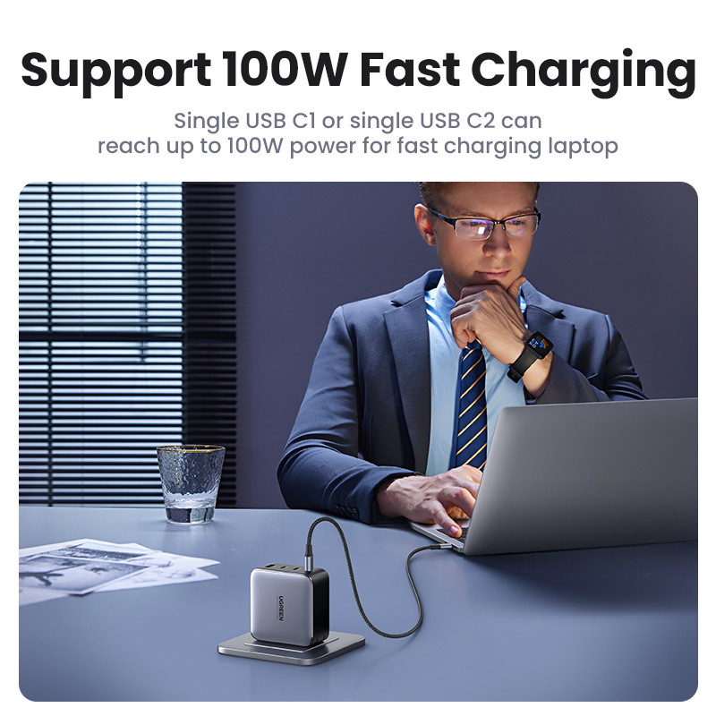 Ugreen 100w gan-oplader usb 14 c-oplader  qc4.0 snellader voor macbook, laptop, tablet 3.0 pd-snellader voor iphone 15 【us-stekker】