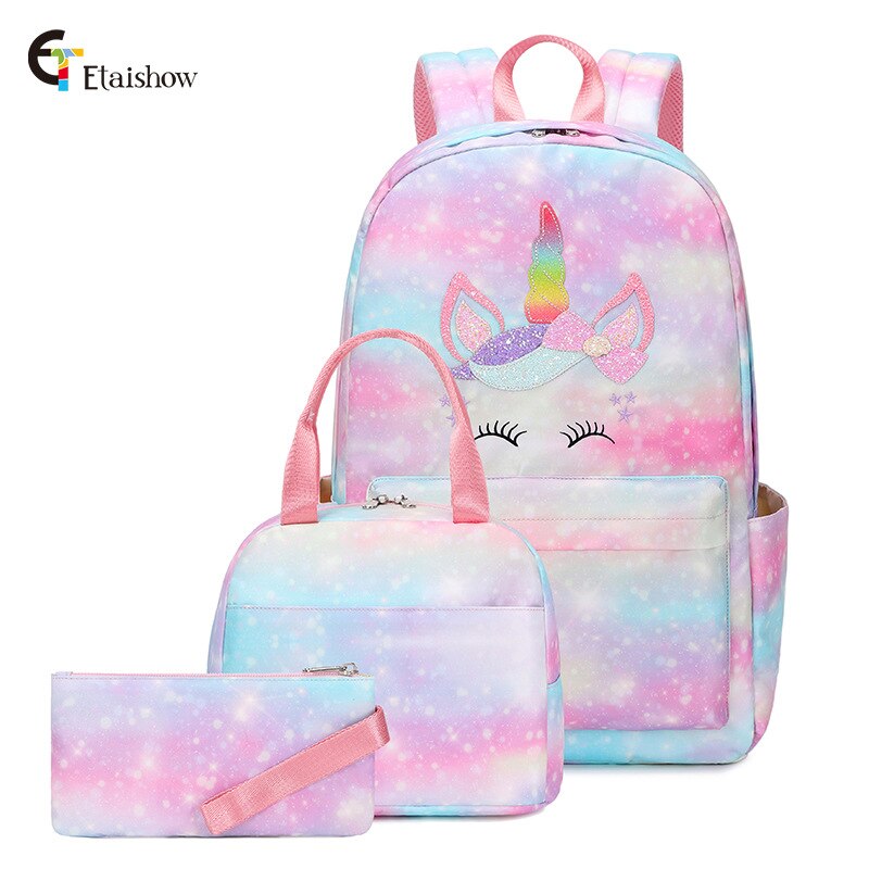 Leuke Regenboog Gradiënt Unicorns Meisjes Kids Lunch Zakken Pen Zak Boekentas Drie Sets Student Tieners School Rugzak: Default Title