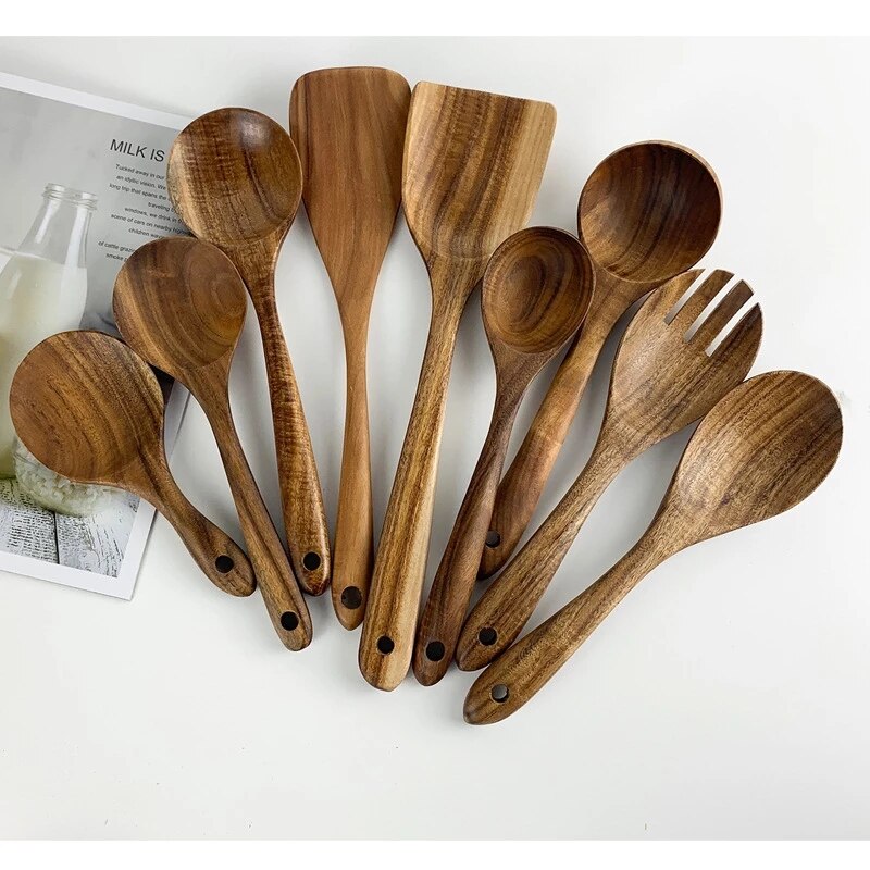 1-9 unids/set juego de utensilios de cocina de madera, cucharas de madera para cocinar, utensilios, cucharas de madera de teca Natural para de sartén antiadherente: Verde claro