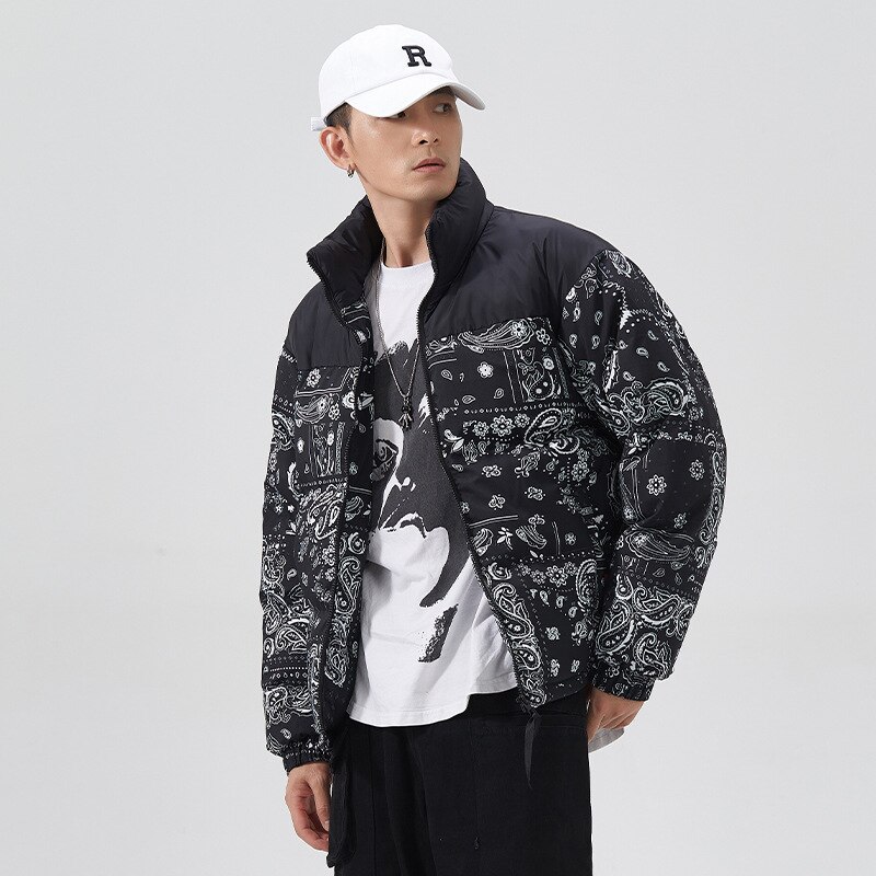 파커 Hip Hop Paisley kurtka Parka Streetwear mężczyźni wiatrówka zima bawełna dół warstwa bąbelkowa pary Bandana Bomber Куртка Зимняя
