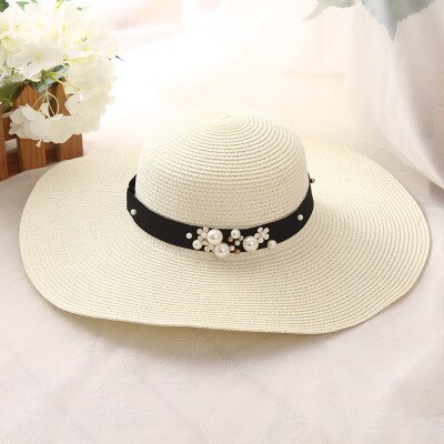 summer straw hat women big wide brim beach hat sun hat foldable sun block UV protection pearl panama hat bone chapeu feminino: Milk white