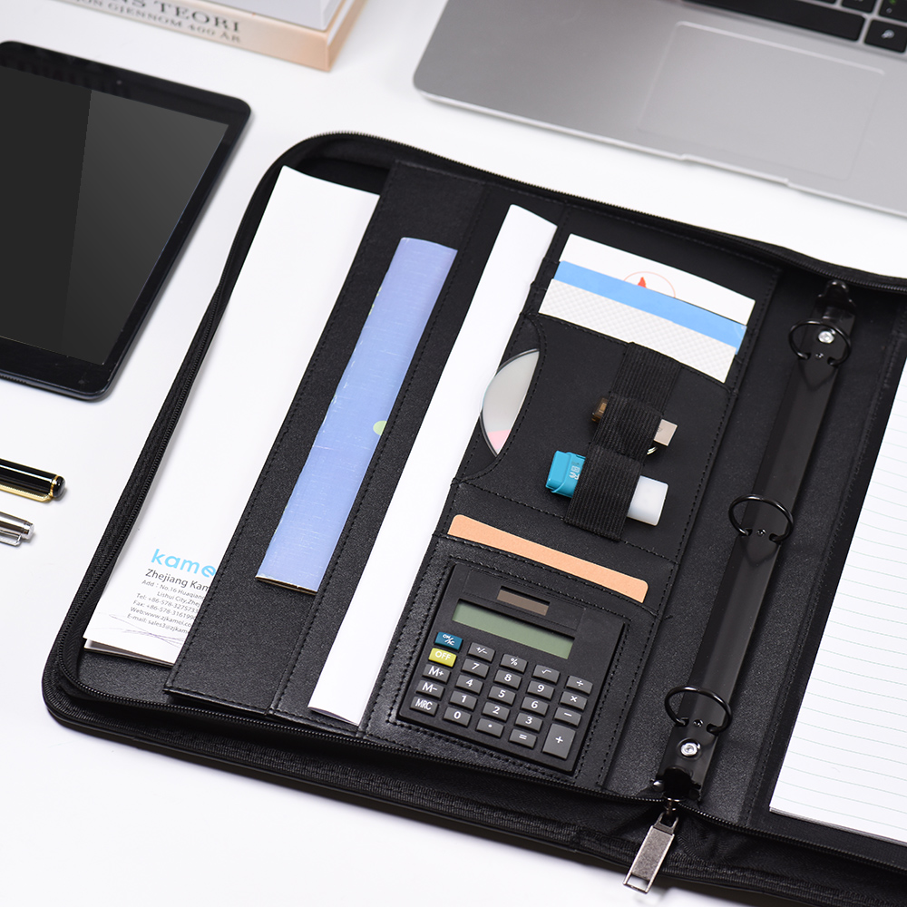 A4 PU Leather Multifunctional Document Folder Case Office Business Portfolio Padfolio Organizer Zippered Closure Loose-leaf