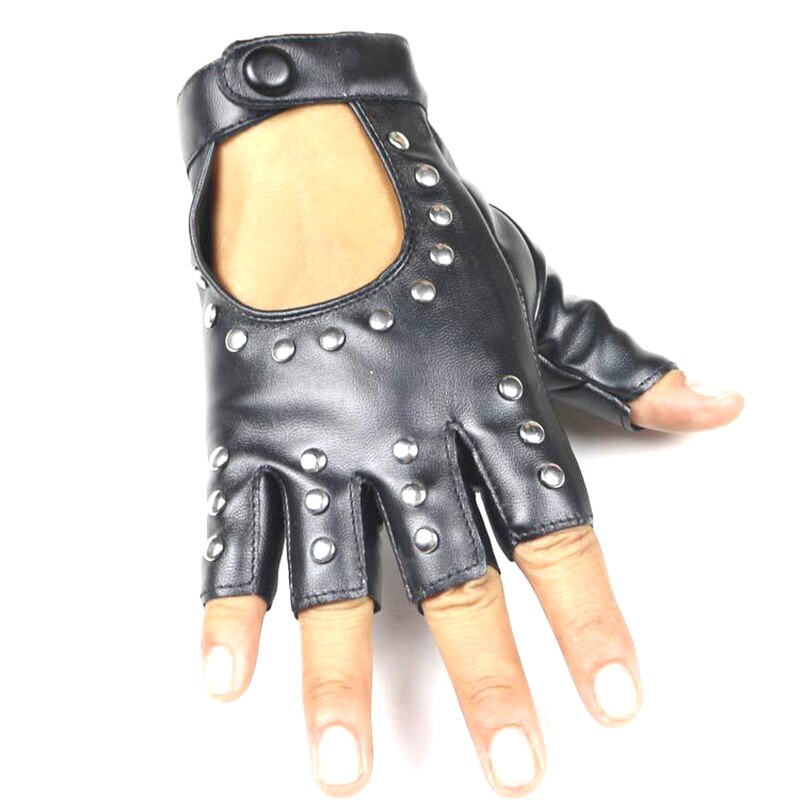 Guantes de conducir dedo para mujer, mitones de cuero sin dedos, transpirables, PU, remaches, Luvas de baile, color negro, 1 par