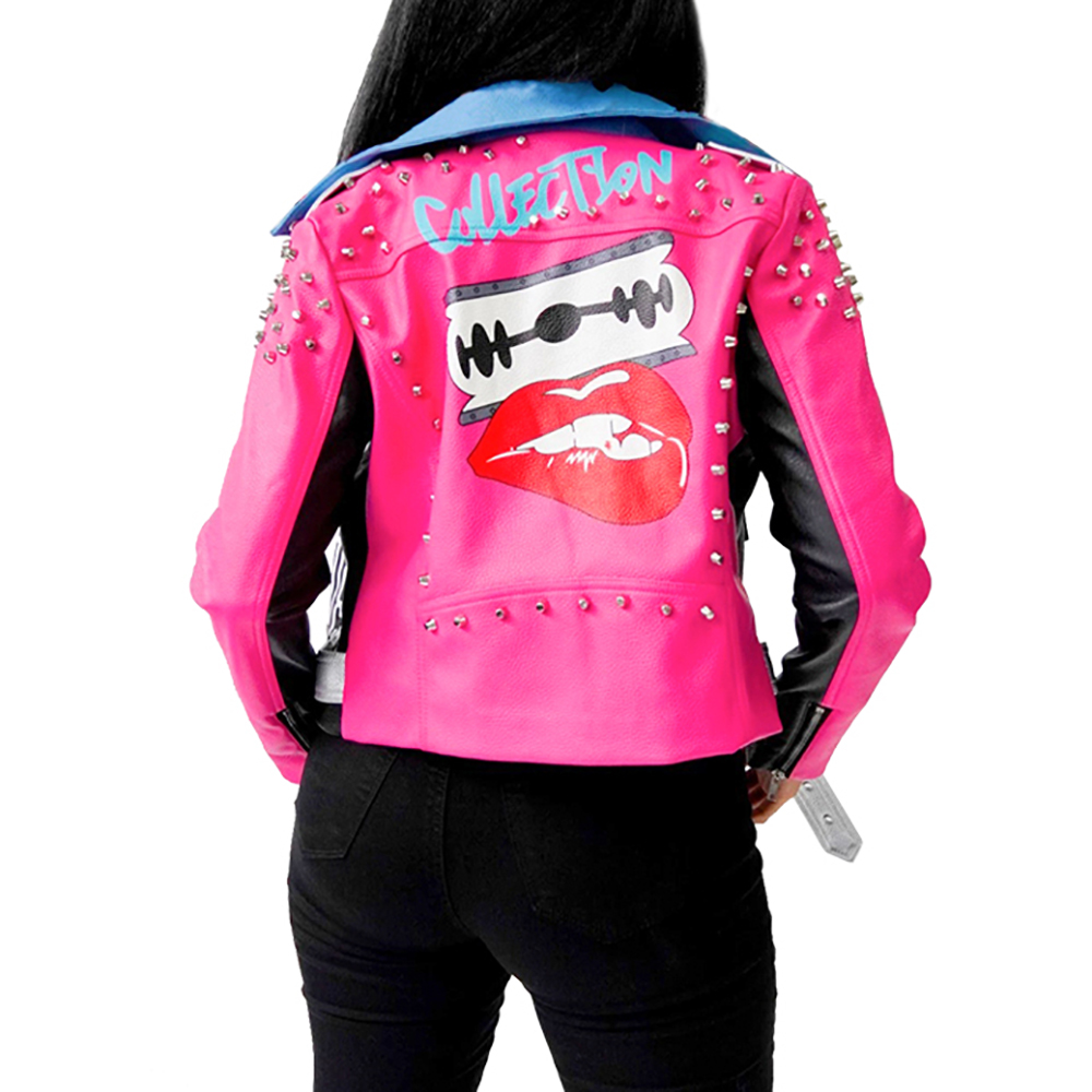 Frauen Niet Druck Revers Kontrast Farbe Zipper PU Leder Modische Mantel Lange-sleeve Kurze Jacke