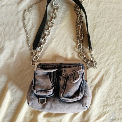 European and American Washed Denim Blue Underarm Bag Female Summer Denim Cool Retro Chain Shoulder Bag: gray