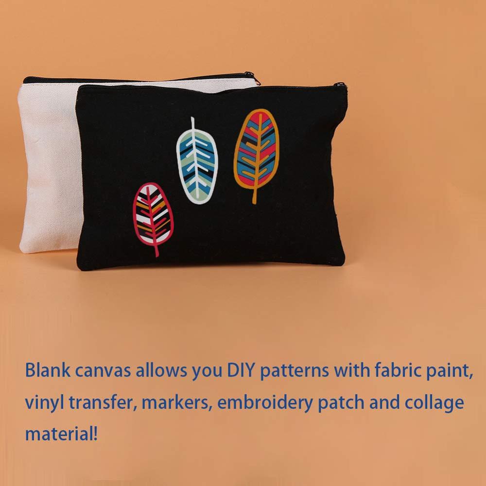 12 Pack Canvas Zipper Bags, Multi-Purpose Blank DIY Craft Pouches for Makeup, Travel, Party , Organize Storage (Black,White）