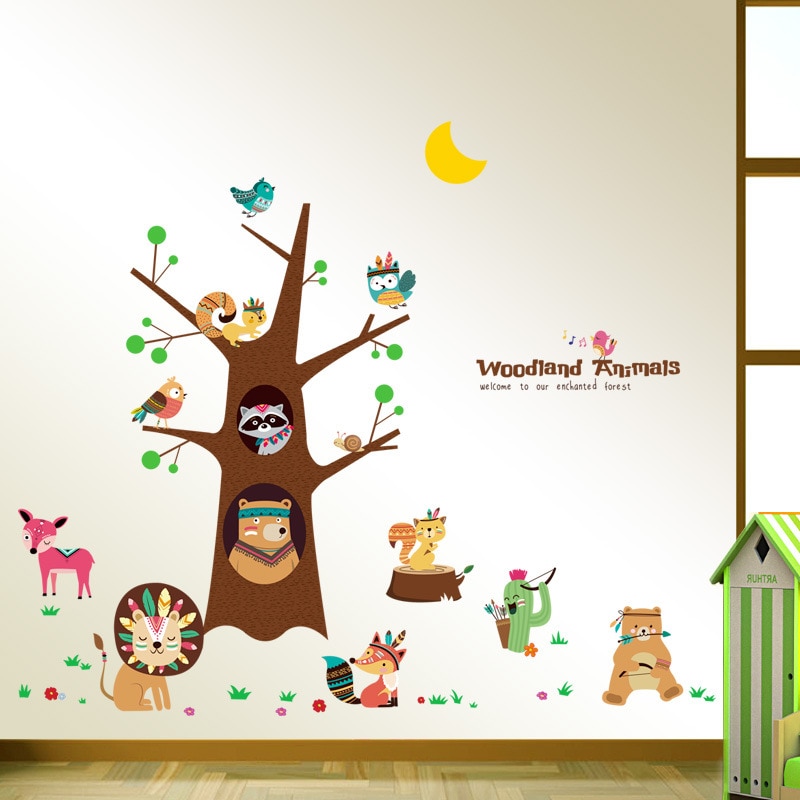 Cartoon Leuke Indian Dieren Tree Muurstickers Voor Kinderen Kamers Nursery Leeuw Vos Beer Uil Elanden Muur Decals Diy Muurschildering art Home Decor