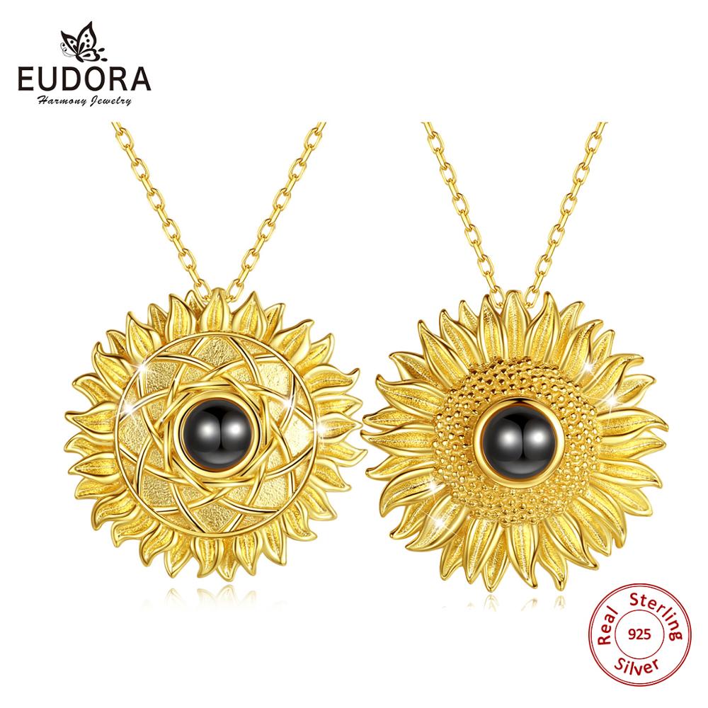 EUDORA – pendentif tournesol en argent Sterling 925 pour femme, collier d'été doré, je vous aime, 100 langues, avec boîte, sœur, bijoux fins