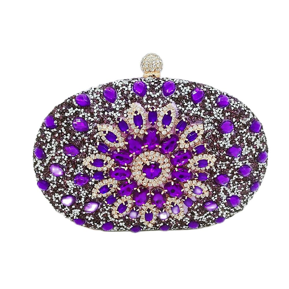 Wedding Diamond Silver Floral Crystal Sling Package Woman Clutch Bag Cell Phone Pocket Matching Wallet Purse Handbags: purple