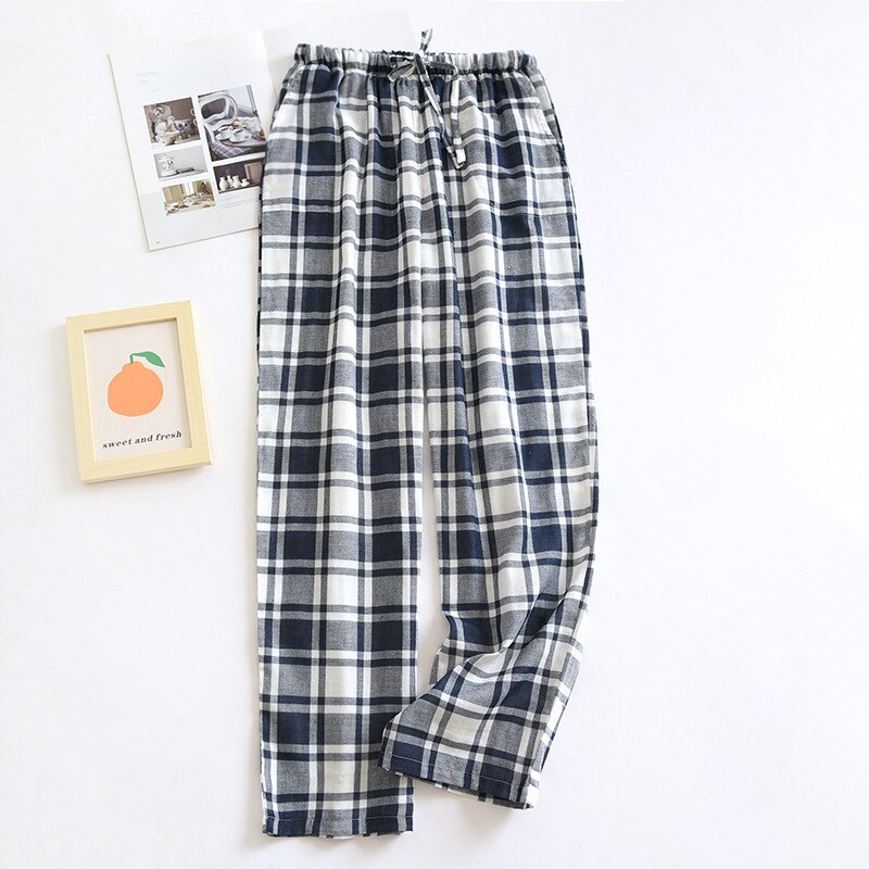 Couple Plaid Pants Cotton Long Trousers Casual Thin Home Pants Loose Drawstring Sleep Bottoms Women Pink Plaid Pajama Men Pants: Men Qing / XL