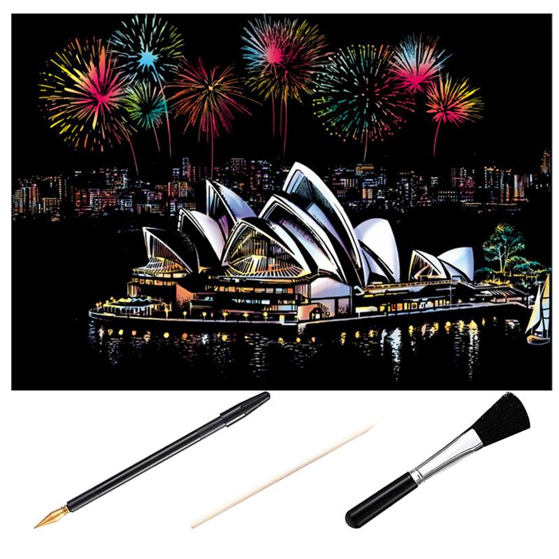 1 Set Dazzling City Night Scene Scratch Painting DIY Scratching Drawing Handmade Scratching Drawing Decompression Tool Diy Craft