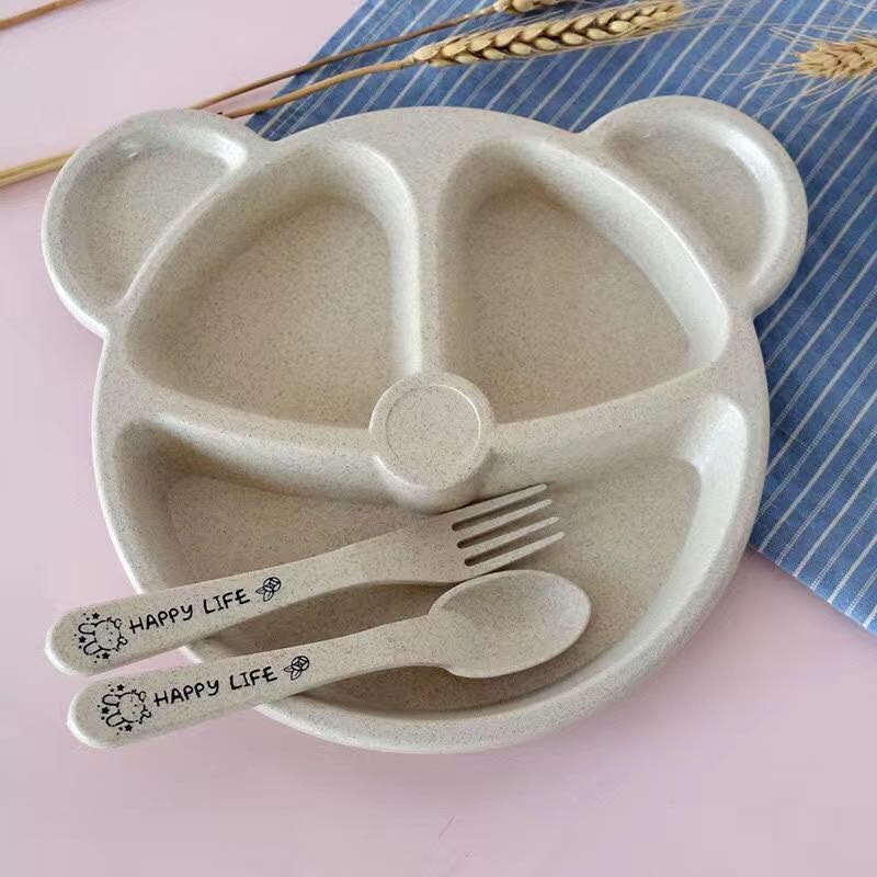 Children's Tableware Plates For Food Baby Feeding Dishes Kid Compartment Plate Child Bowl Spoon Fork Crockery Set Reusable Wheat: Beige 3 set