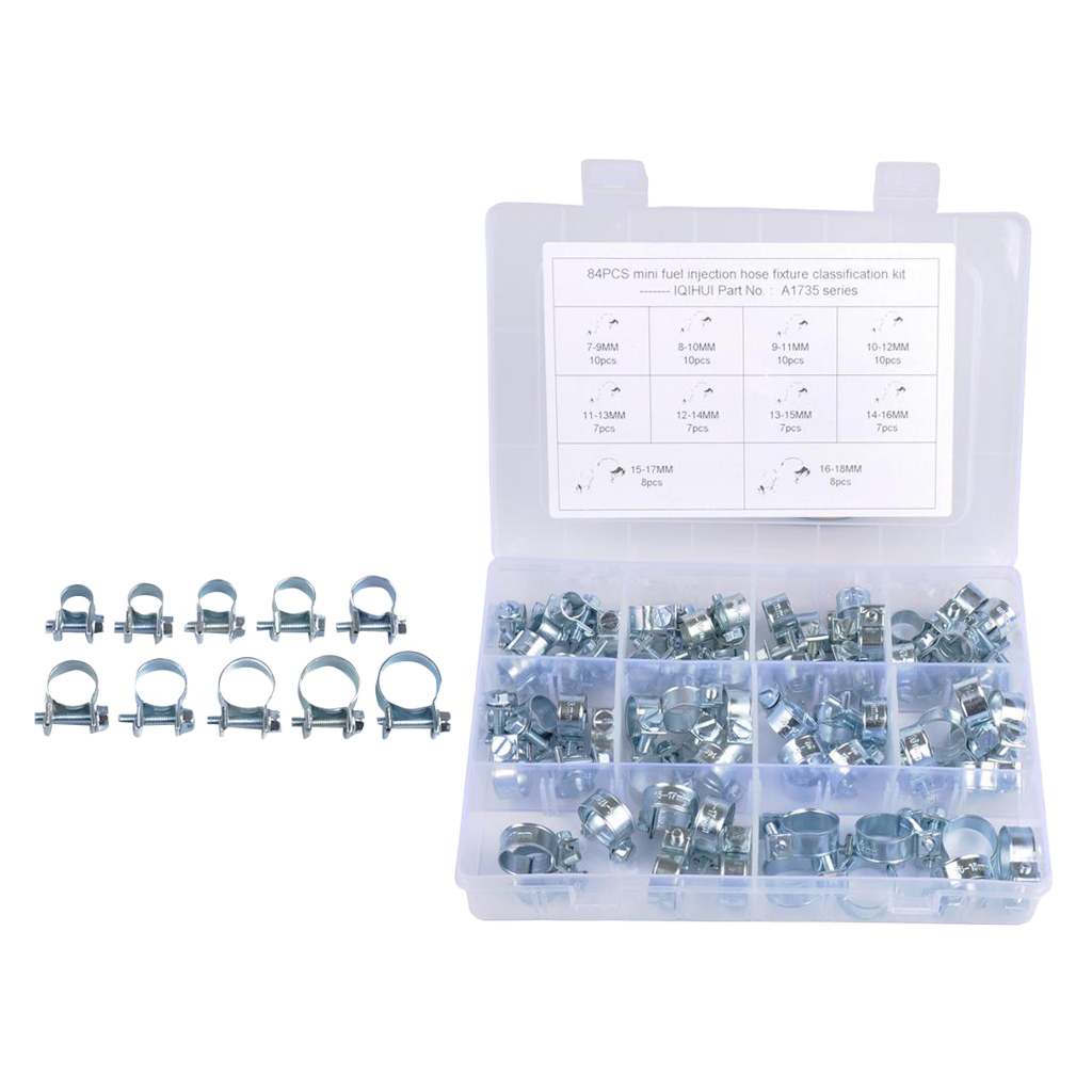 84Pcs/Set 10 Sizes Mini Fuel Line Hose Clamps Assortment Kit, Clamp Range: 7-18mm (2.7 - 7inch)