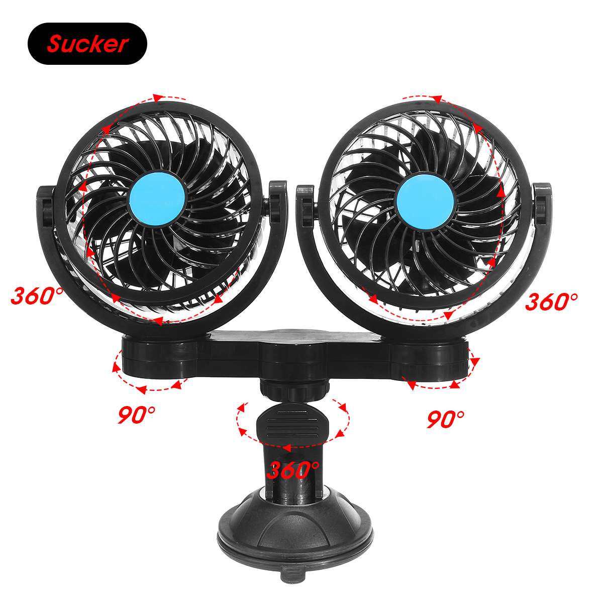 Bilventilator 12V Dobbelt Hoved Justerbar - Lav Støj Universal Køling til Bil, Lastbil, RV: Sucker type