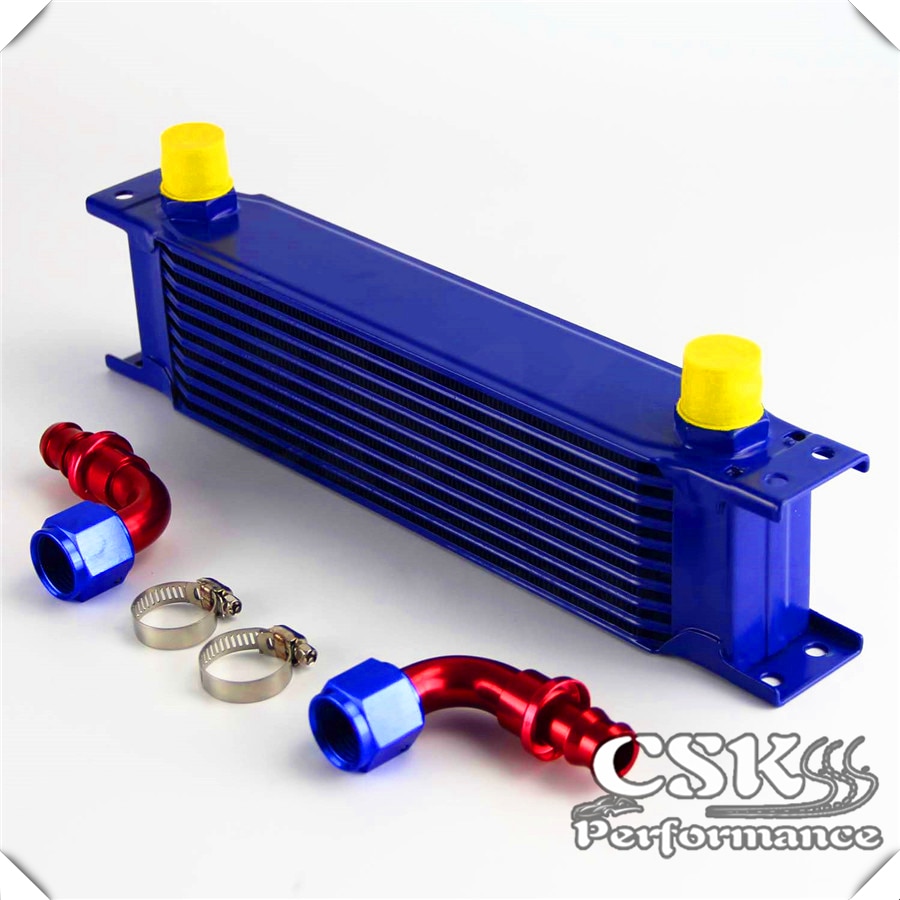 10 rij AN10 Aluminium Oliekoeler Radiator + 2 stuks 90 Graden fittings Blauw