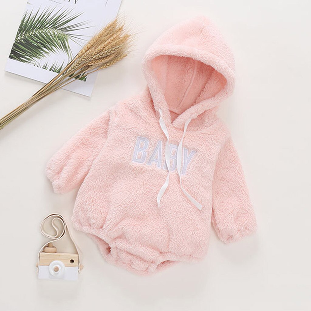 Winter Newborn Infant Baby Boys Girls Clothes Long Sleeve Printed Letter Hooded Thick Warm Jumpsuit Romper Outfits Clothes#g4: Pink / 90