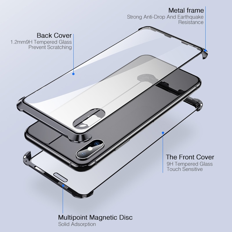 Magnetische Case voor iPhone X XS Max XR YKZ Metalen Magneet Adsorptie Gehard Glas Telefoon Beschermende Cover Case voor iPhone 8 7 Plus