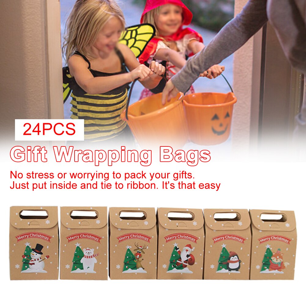 24pcs/set Christmas Party Storage Box Craft Paper Presents Candies Festival Cookies Printed Wrapping Bags Reusable Handheld