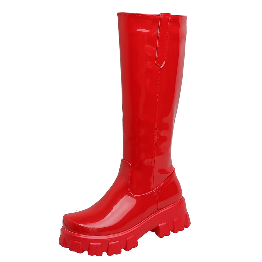 Heldere Leer Hoge Waterdichte Platform Innerlijke Verhoogde Ronde Teen Over De Knie-Lengte Laarzen Lakleren Platte Hak Platform