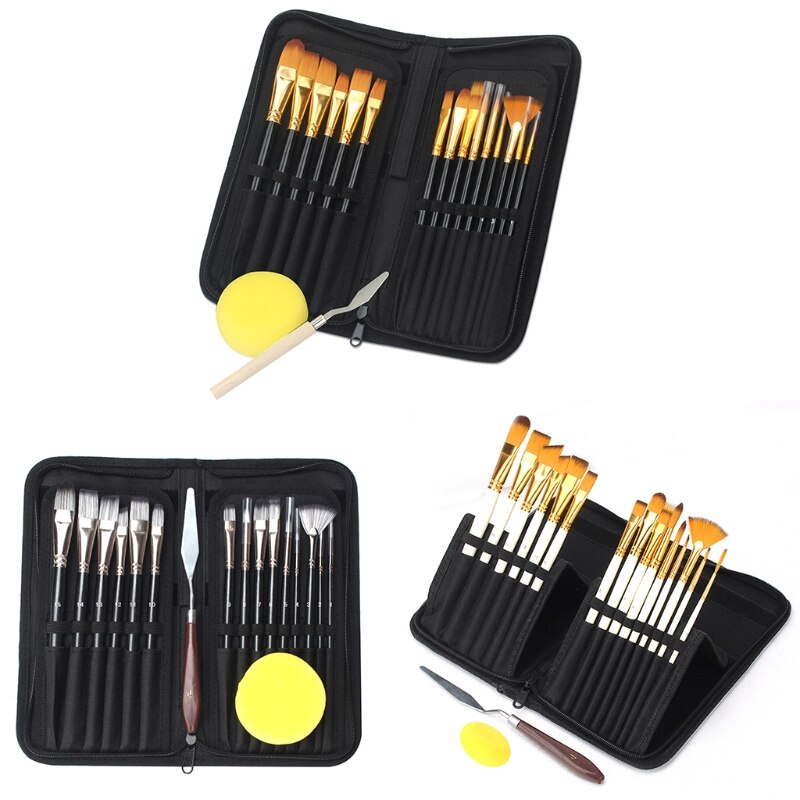 Set van 15 olieverfkwasten, zwarte canvas tas met rits, schraper, spons en opbergdoos, aquarel-acrylpalet