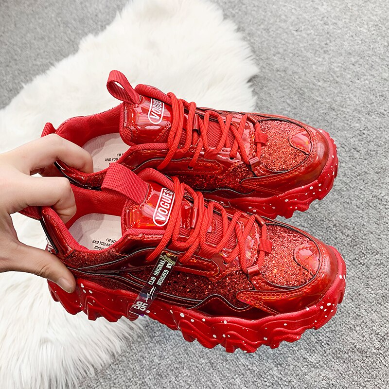 Forår efterår kvinders chunky sneakers kvinder platform sko bling pailletter snøre snøre vulkanisere sko kvindelige trænere far sko